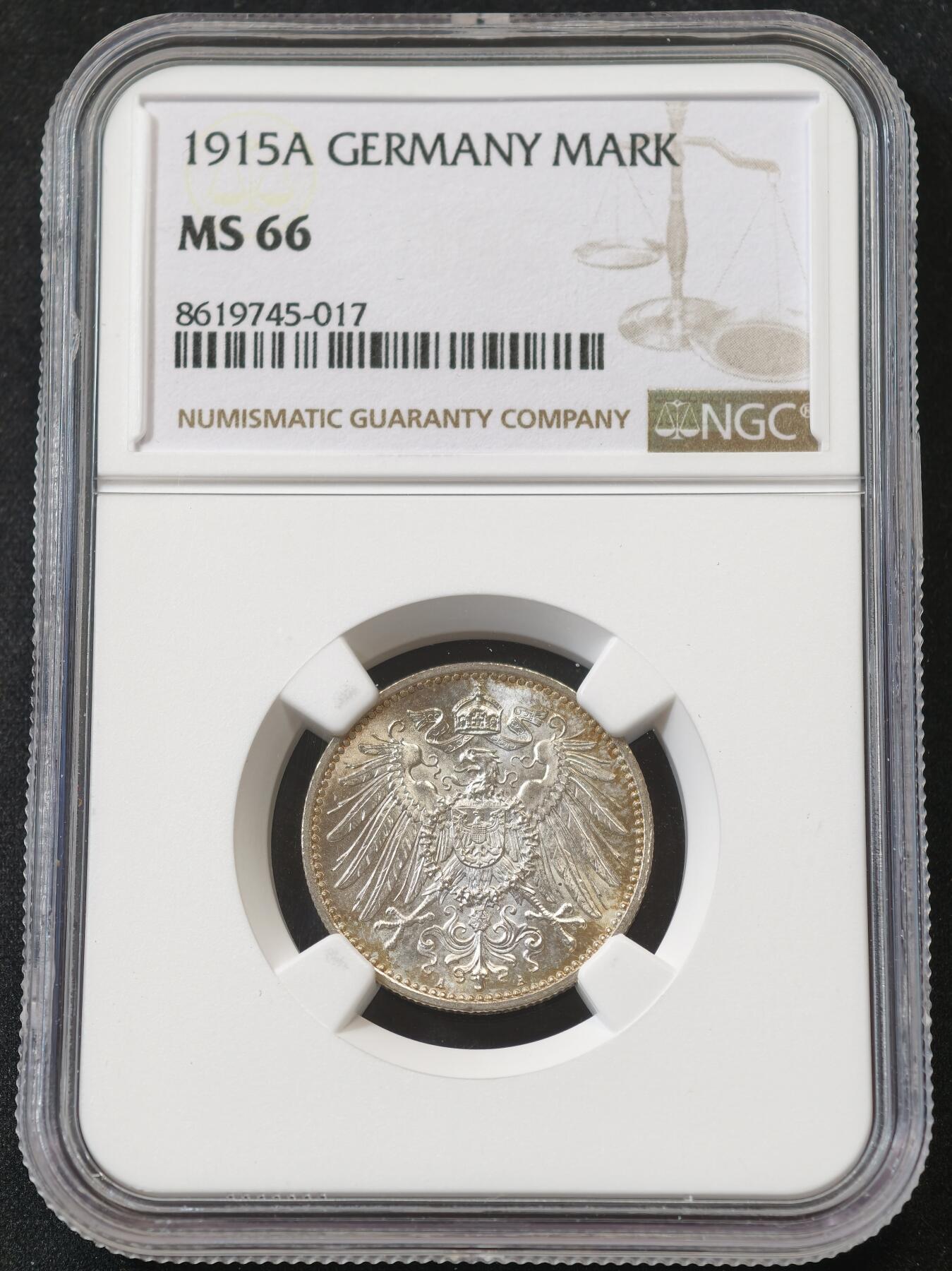 甄臻铺-世界币章拍卖（第58期），送拍享返佣金等优惠多多 NGC-MS66 1915年德国1马克银币 ，环形黄油包浆，原光好品， 高分评级