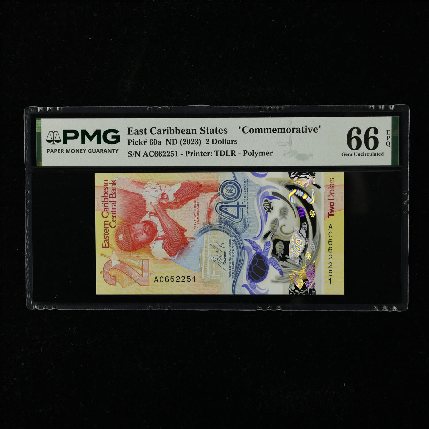 【亘邦集藏】第225期拍卖 2023年 东加勒比海纪念钞2元 PMG 66EPQ AC662251