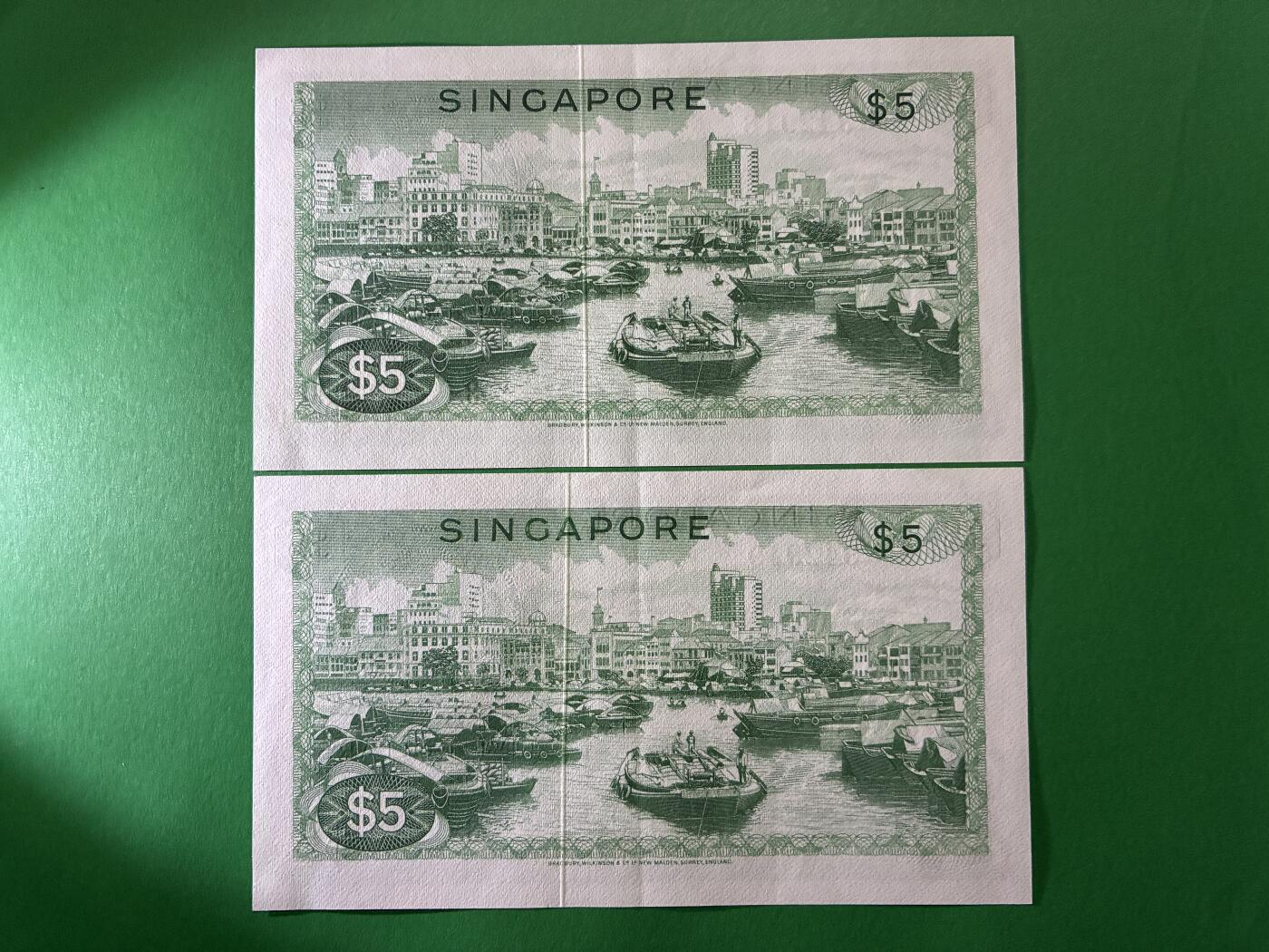 咖啡豆•收藏 2026年Apr_7th世界各国纸币拍卖 2枚 连号 新加坡 1973年 胡姬花版 5新元 美品UNC- 微软折  韩瑞生盖印 外国 亚洲纸币