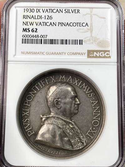 万国钱币拍卖第064期 - NGC MS62 1932年梵蒂冈教皇国庇护十一世纪念梵蒂冈美术馆落成大银章 罗马造币厂铸 高浮雕透视3D效果