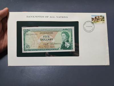 4月1号晚上8点 中外纸币自动截拍第50场 - 1965年 东加勒比 5元  富兰克林封装版 新品