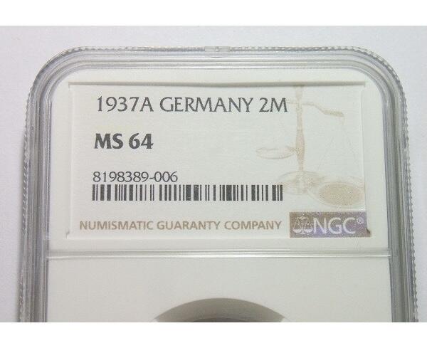 银】NGC MS64 德国第三帝国1937年A版2马克银币 黄金五彩 开卷原光
