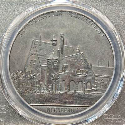 【德藏】世界币章拍卖第170期（拍品征集中~欢迎藏友联系） 1911年 德国纽伦堡射击场落成纪念银章 深彩包浆 少见品种 PCGS SP64