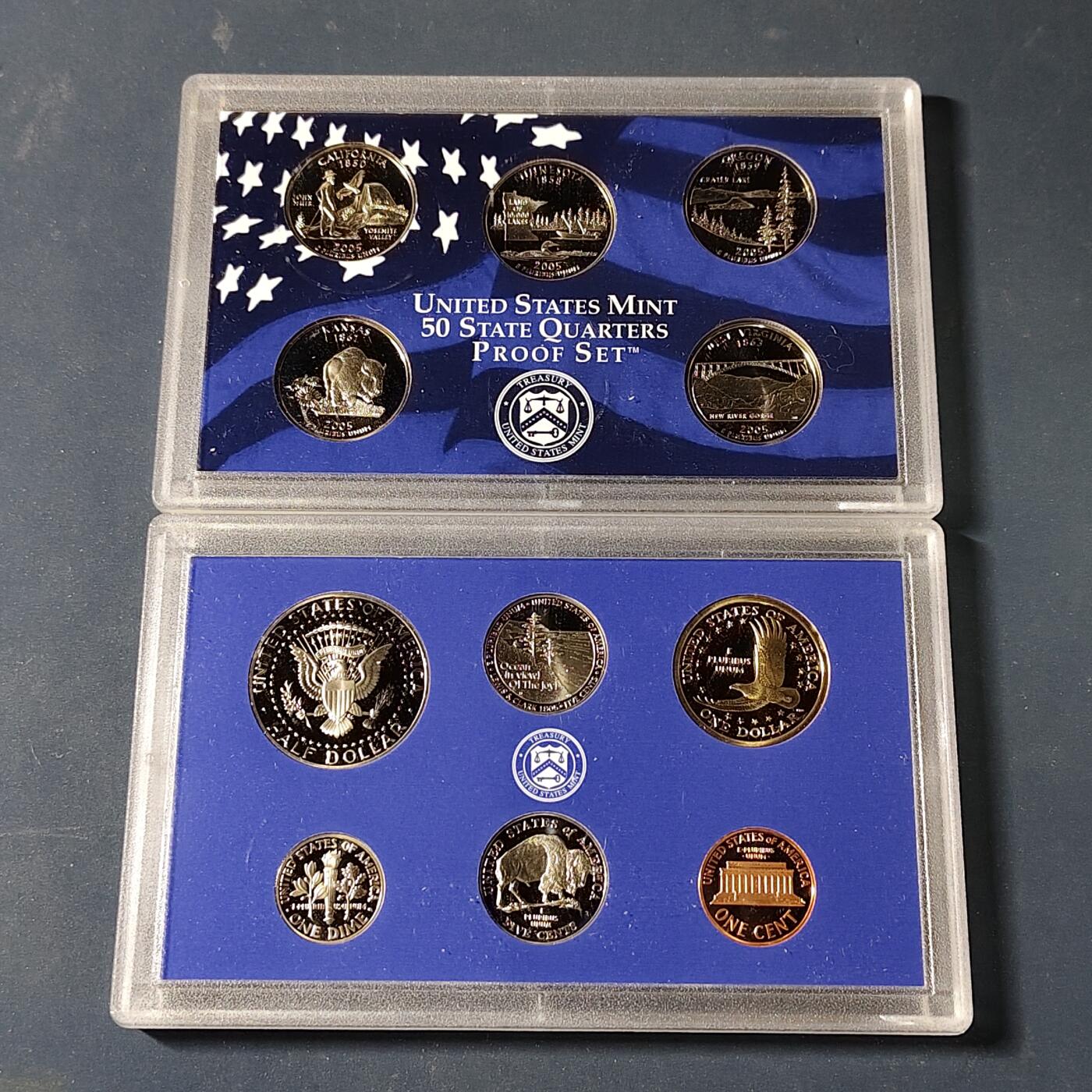 【全场包邮】纯粹捡漏拍517场 美国2005年官方封装精制套币（流通币一盒+州币一盒）-盒证全