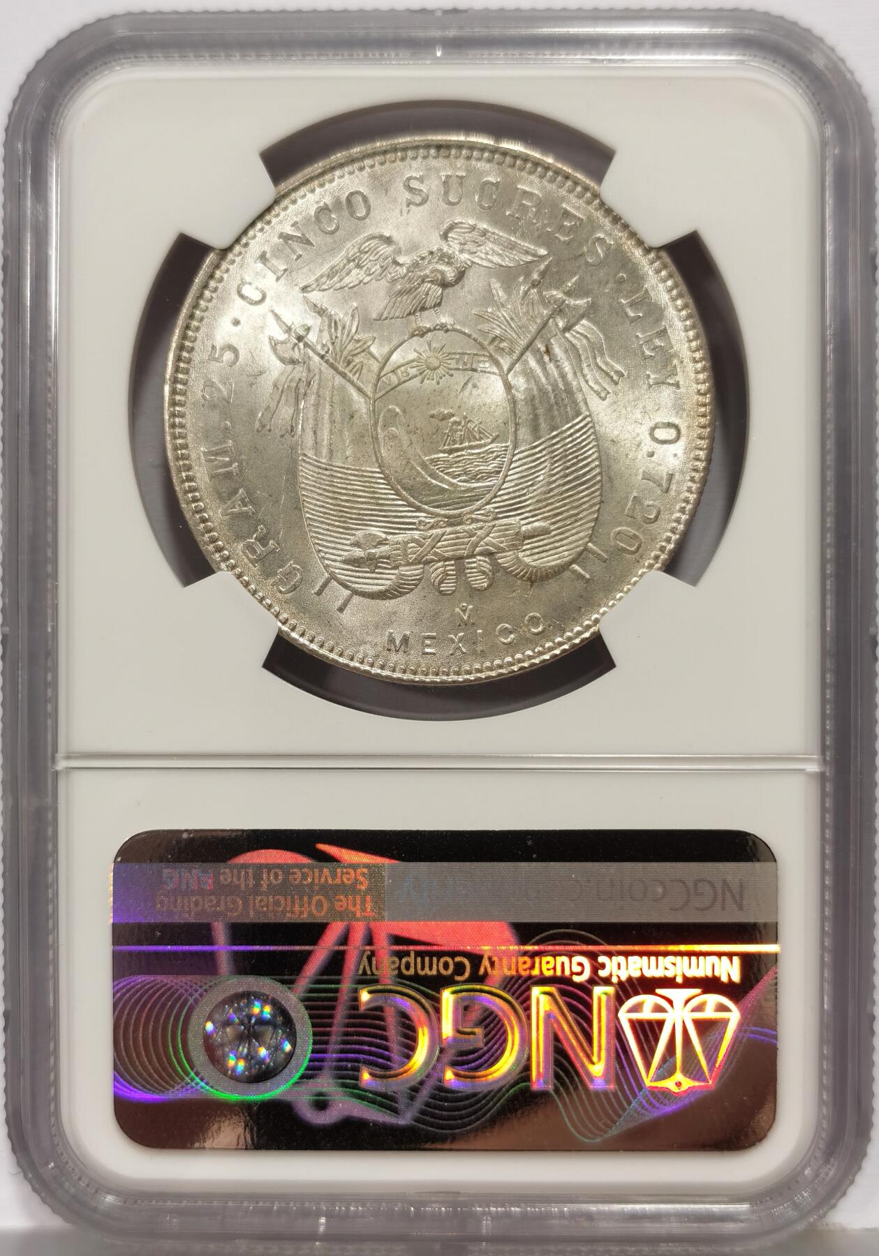 博洋堂世界钱币拍卖第167期（全场包邮） NGC MS64 厄瓜多尔1944年5苏克雷大银币，淡黄油包浆，光度非常好，极美状态，可自藏的品相。