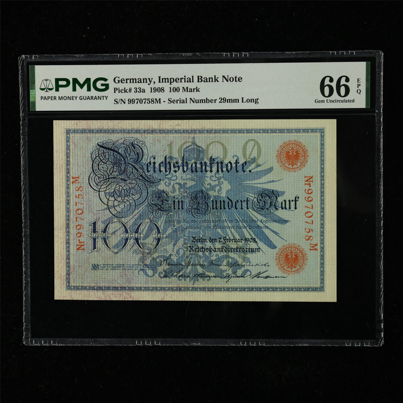 【亘邦集藏】第225期拍卖 1908年 德国100马克 PMG 66EPQ 9970758M