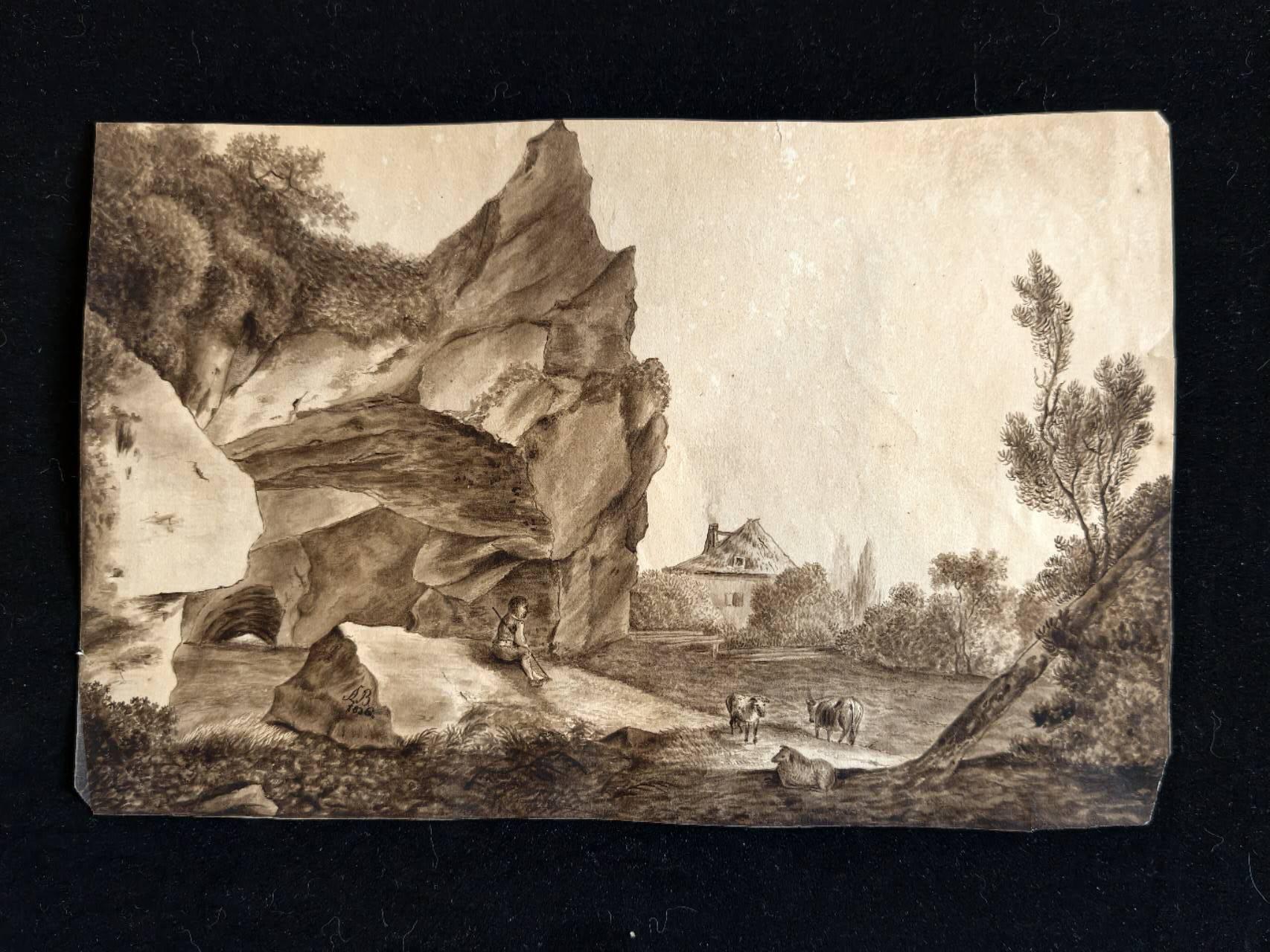 凯旋世界勋赏（第23期）（欢迎送拍）（对拍品有疑问请询问客服，不接受到手刀，出价默认拍品品相。请认真阅读拍卖规则！出价默认已认可！）（收到货请录制开箱视频，无视频概不处理问题。） 奥匈帝国 亚历山大·鲍尔 的画作 水墨素描 1826年创作，带手写签名和日期（左下角岩石）描绘了一个宁静的乡村牧歌场景