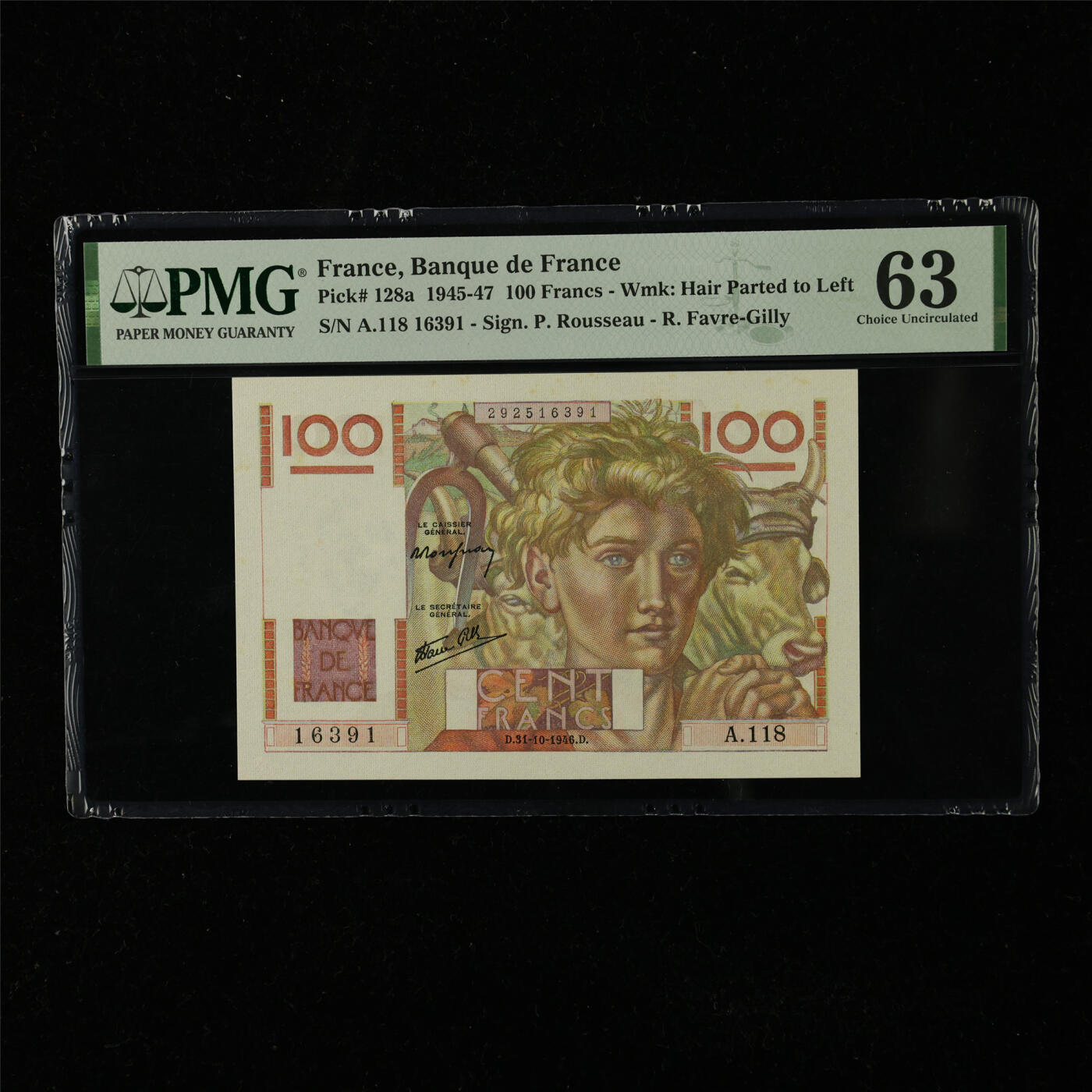 【亘邦集藏】第225期拍卖 1945-47年 法国100法郎 PMG 63 A.118 16391