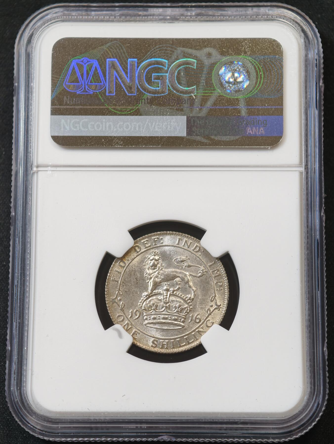 甄臻铺-世界币章拍卖（第58期），送拍享返佣金等优惠多多 NGC-MS63 1916年英国乔治五世先令，币面干净
