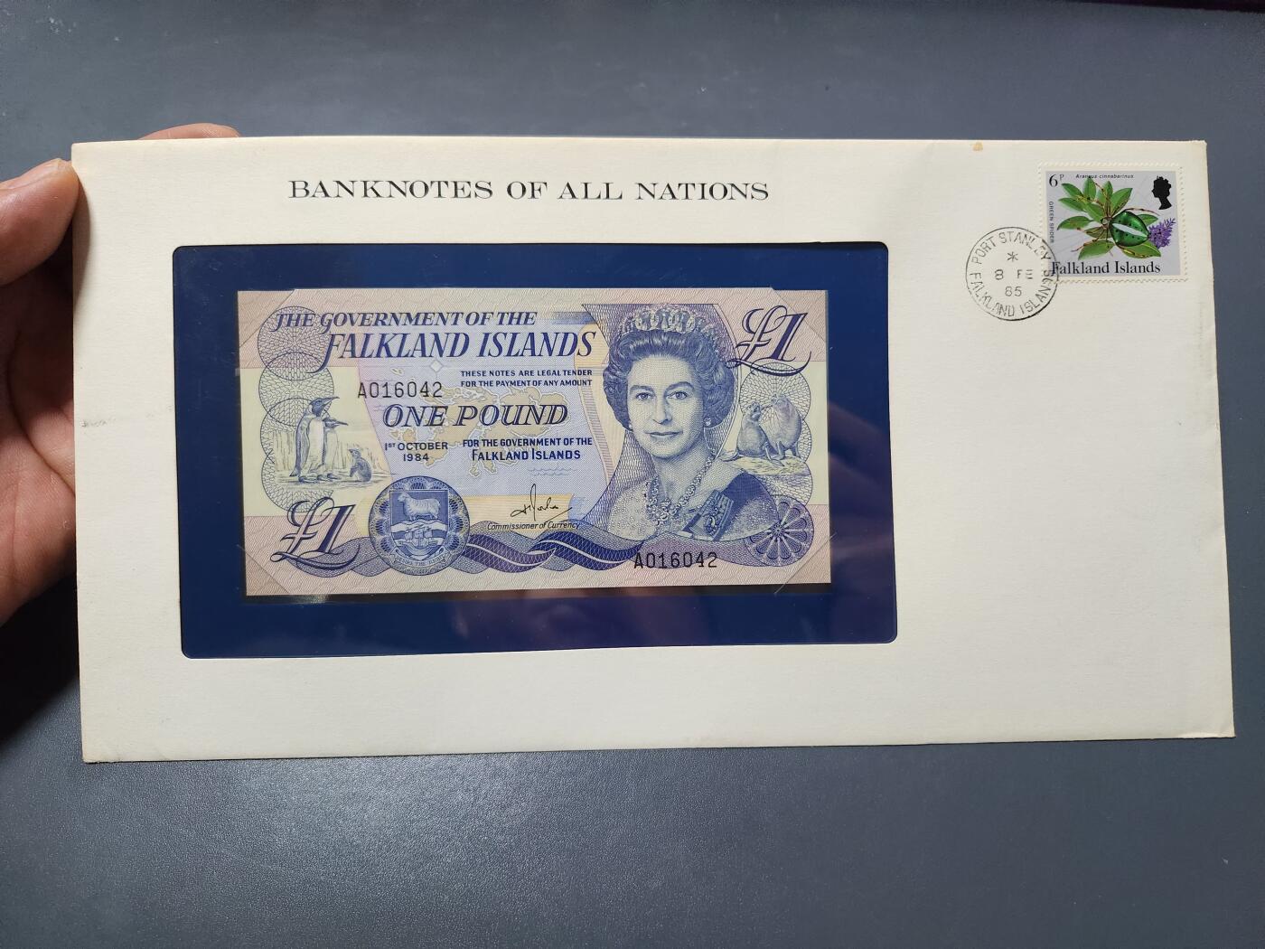 4月1号晚上8点 中外纸币自动截拍第50场 1984年 福克兰群岛 1镑 富兰克林封装版 新品
