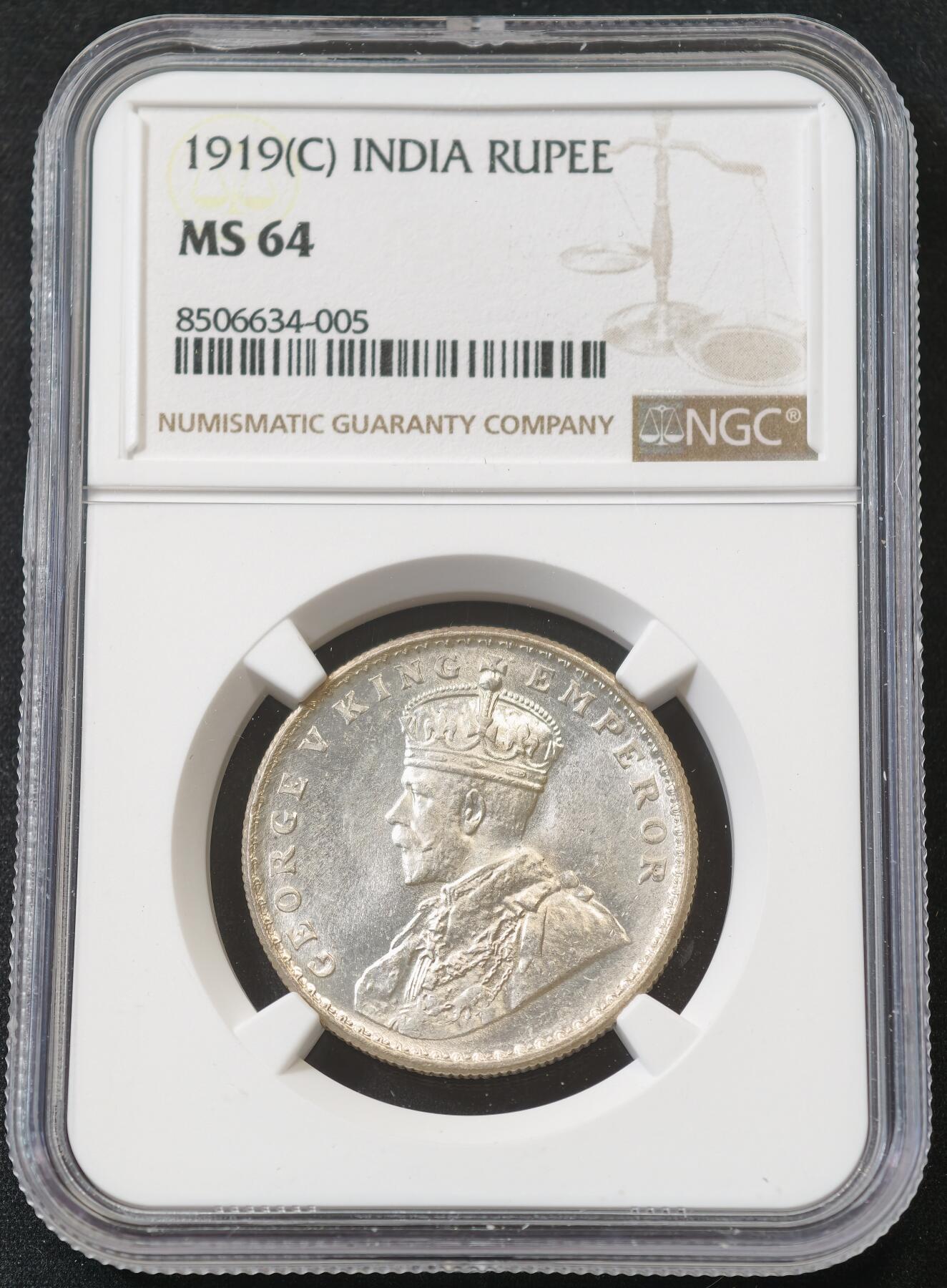 甄臻铺-世界币章拍卖（第58期），送拍享返佣金等优惠多多 NGC-MS64 1919年英属印度乔治五世卢比，卷拆，白白净净