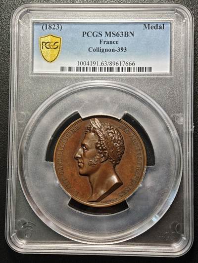 【德藏】世界币章拍卖第170期（拍品征集中~欢迎藏友联系） 1823年 法国昂古莱姆路易·安托万公爵高浮雕纪念大铜章 大盒封装 PCGS MS63BN