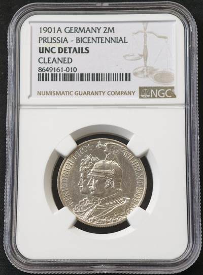甄臻铺-世界币章拍卖（第58期），送拍享返佣金等优惠多多 - NGC-UNC 1901年德国普鲁士建国200周年2马克银币 ，未流通