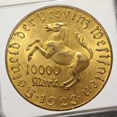 【德藏】世界币章拍卖第170期（拍品征集中~欢迎藏友联系） 1923年 德国德紧威斯特法伦10000马克镀金大马币铝币 NGC MS64 金水十足 原光极强