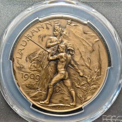 【德藏】世界币章拍卖第170期（拍品征集中~欢迎藏友联系）  1909年 瑞士洛桑体操奖章城市景观纪念铜章 细节丰富 包浆温润 PCGS MS65