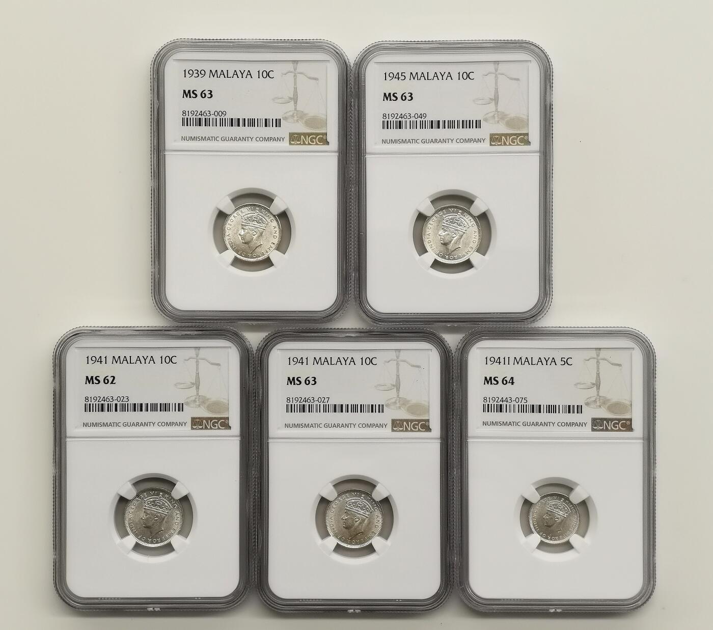 博洋堂世界钱币拍卖第167期（全场包邮） NGC MS62-64 英属马来亚1939-45年乔治六世10分银币5枚一组
