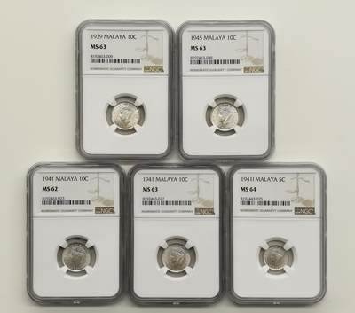 博洋堂世界钱币拍卖第167期（全场包邮） - NGC MS62-64 英属马来亚1939-45年乔治六世10分银币5枚一组