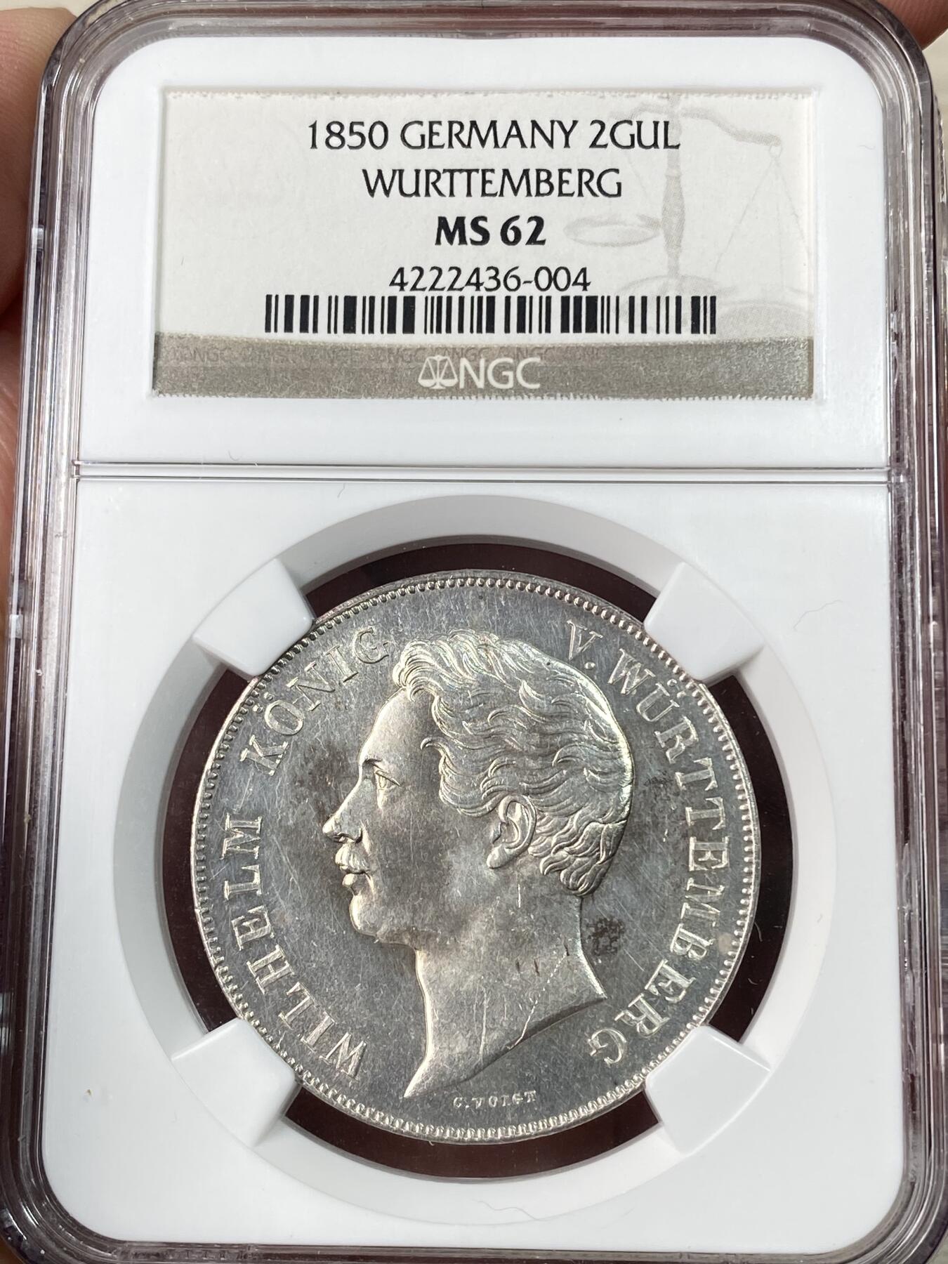万国钱币拍卖第064期 NGC MS62 1850年德国符腾堡狮鹿流通2古尔登大银币 银霜转光喷砂质感狮鹿 NGC老盒收藏级