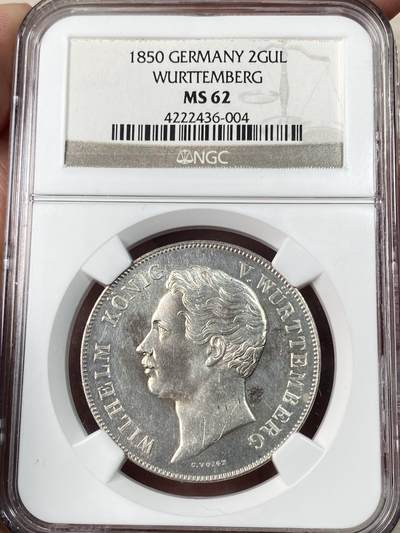 万国钱币拍卖第064期 - NGC MS62 1850年德国符腾堡狮鹿流通2古尔登大银币 银霜转光喷砂质感狮鹿 NGC老盒收藏级