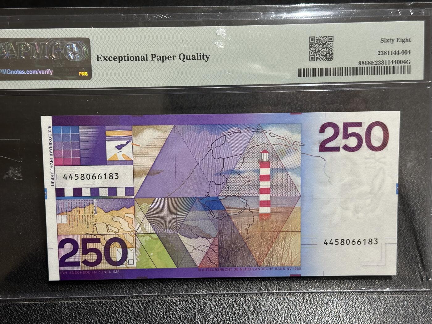 《外钞收藏家》第六百二十三期（精选场）（长期征集拍品、欢迎藏友们联系合作） 1985年荷兰250盾 灯塔 PMG67