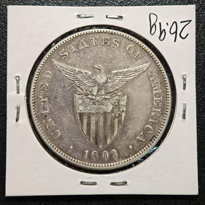 【德藏】世界币章拍卖第170期（拍品征集中~欢迎藏友联系） 老藏家集藏系列之- 1903年 美属菲律宾1比索银币 900银 有戳 大样；重约：26.9g 入册20余年·附有当年购入价