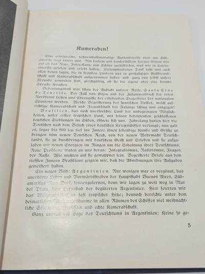 南水社第5次拍卖  稀有 1938年德国海军「西里西亚号」战列舰南美巡航纪念册 时任舰长弗里德里希·弗莱舍上校（后晋升海军上将，海军使团团长 威廉港造船厂厂长）亲笔签名两处 德国海军博物馆旧藏带戳 原品 除部分纸张氧化痕迹 基本完好 详情看简介