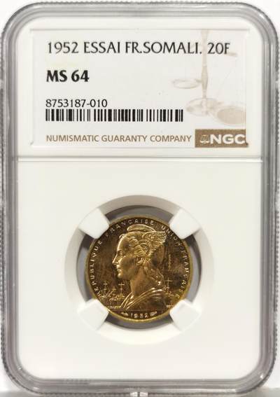 博洋堂世界钱币拍卖第167期（全场包邮） - NGC MS64 法属索马里1952年20法郎样币，发行量极少，市场上很难见到的品种。