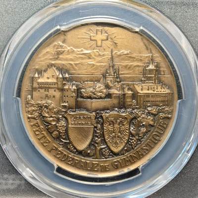 【德藏】世界币章拍卖第170期（拍品征集中~欢迎藏友联系）  1909年 瑞士洛桑体操奖章城市景观纪念铜章 细节丰富 包浆温润 PCGS MS65