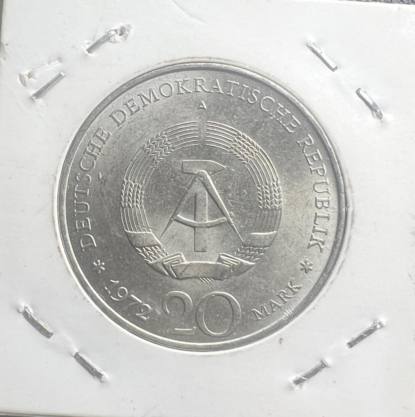 1972 年东德 20 马克流通纪念币 威廉・皮克 德意志民主共和国 铜镍合金