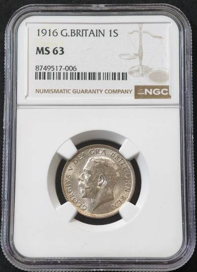 甄臻铺-世界币章拍卖（第58期），送拍享返佣金等优惠多多 - NGC-MS63 1916年英国乔治五世先令，币面干净
