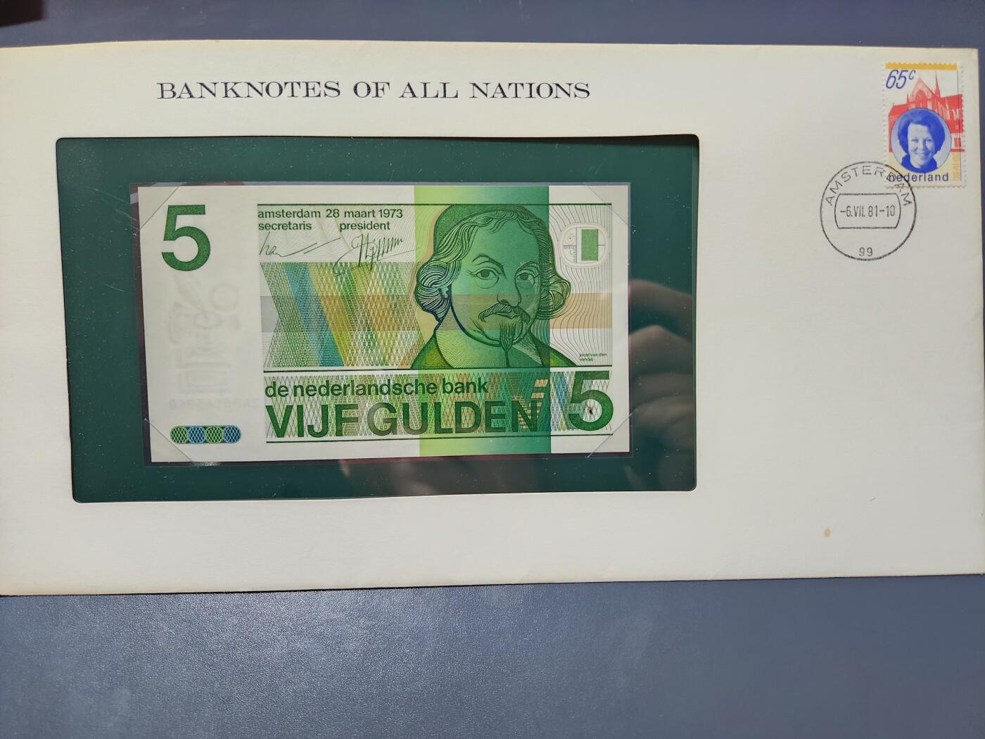 4月1号晚上8点 中外纸币自动截拍第50场 1973年荷兰著名诗人作家冯德尔5盾纸币富兰克林邮币封 新品