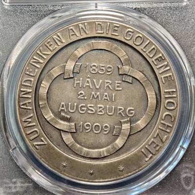 【德藏】世界币章拍卖第170期（拍品征集中~欢迎藏友联系） 1909年 德国奥格斯堡金婚纪念银章 人物传神 包浆细腻 PCGS SP64