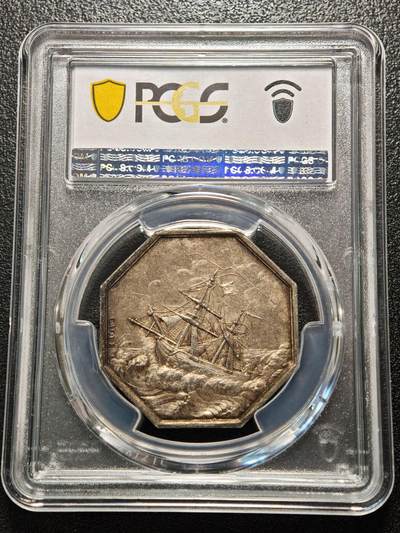 【德藏】世界币章拍卖第170期（拍品征集中~欢迎藏友联系） 名誉品 1832-1841年 法国海洋保险公司美人鱼海妖八角银质代币银章 油灯边铭 (新版法国八角代用币目录封面同款) 原味包浆 味道极佳 PCGS MS62