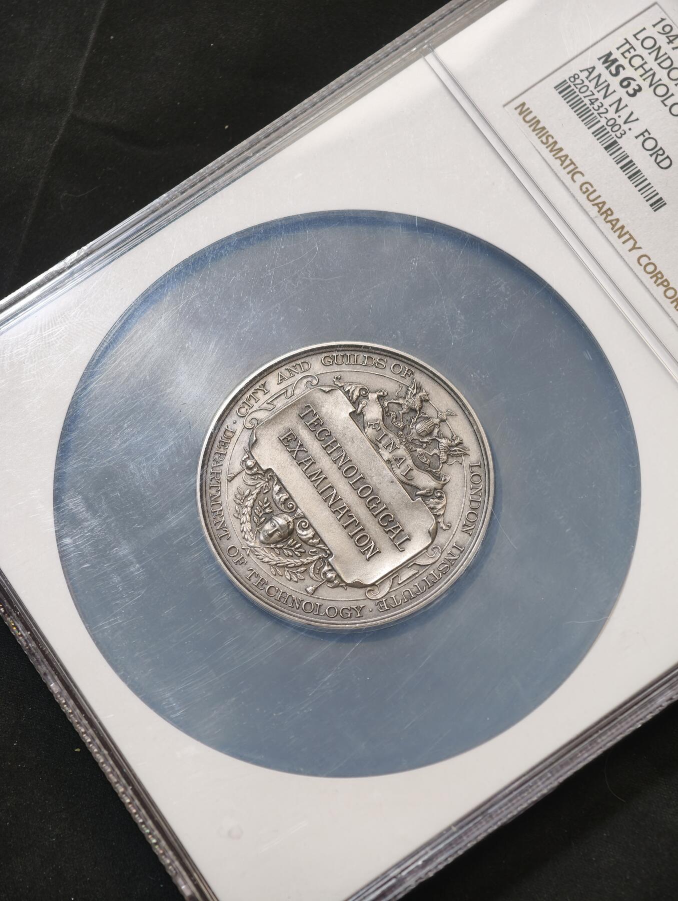 甄臻铺-世界币章拍卖（第58期），送拍享返佣金等优惠多多 NGC-MS63 1947年英国伦敦城市与行会技术部最终考试获奖银章，直径51毫米。正面是协会徽章和装饰，背面刻有“FINAL TECHNOLOGICAL EXAMINATION”字样，底部是“DEPARTMENT OF TECHNOLOGY”字样，边铭有获奖者姓名、奖项及获奖日期。