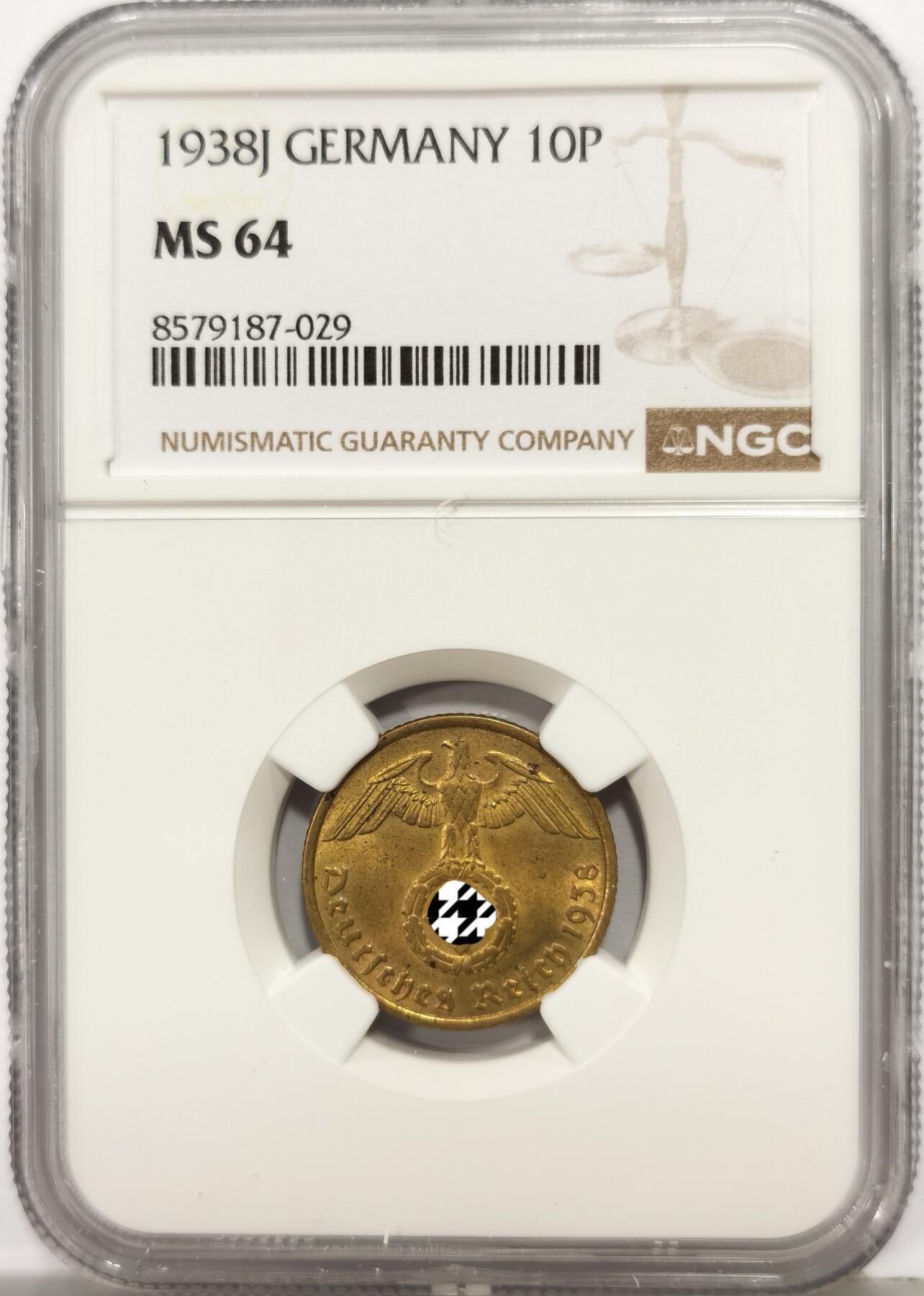 博洋堂世界钱币拍卖第167期（全场包邮） NGC MS64 德国1938J带万字10芬尼铜币，仅有三枚更高分，状态很好
