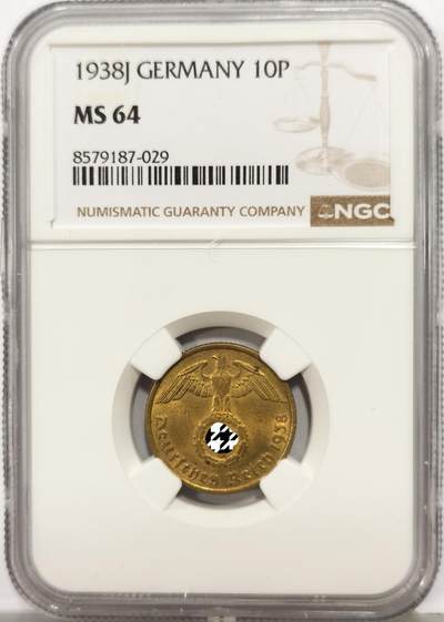 博洋堂世界钱币拍卖第167期（全场包邮） - NGC MS64 德国1938J带万字10芬尼铜币，仅有三枚更高分，状态很好