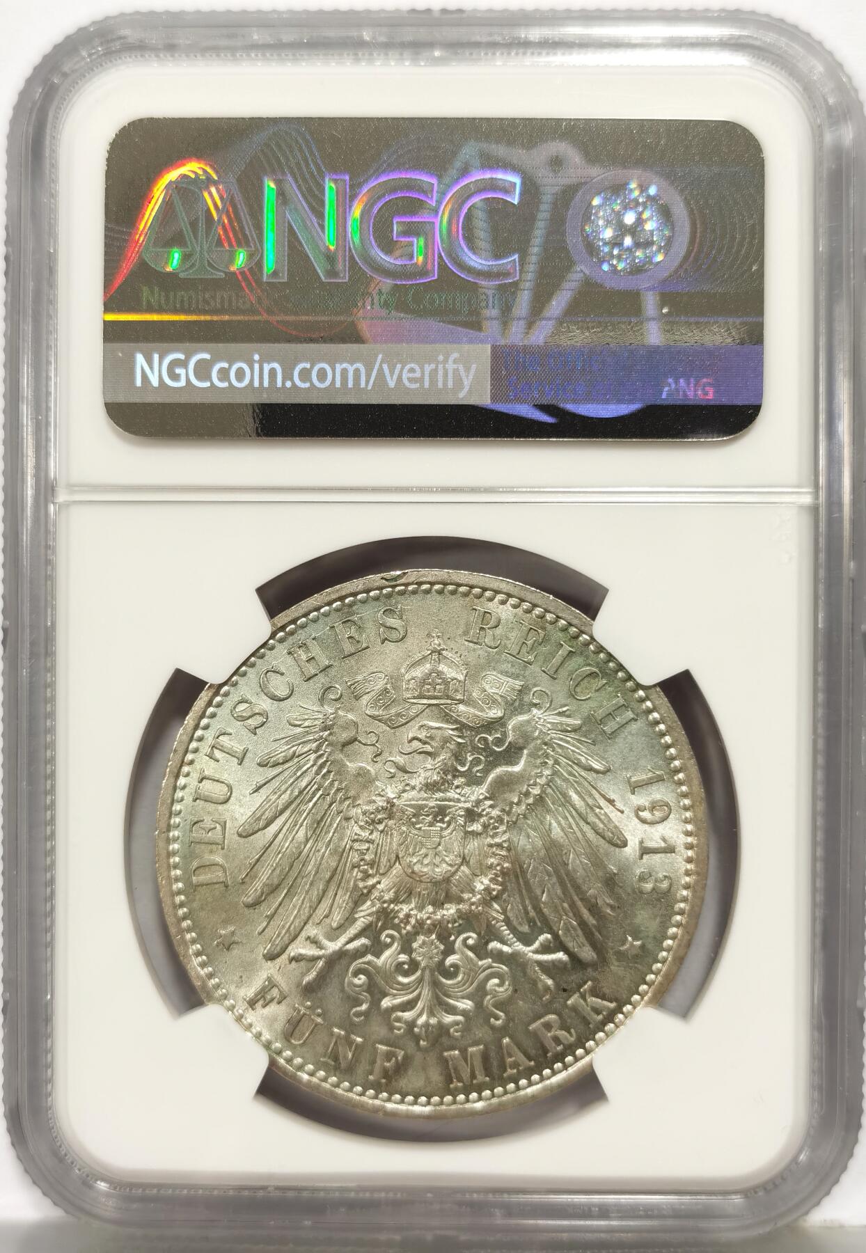 博洋堂世界钱币拍卖第167期（全场包邮） NGC MS63 德国普鲁士1914年威廉二世军装5马克银币 浅金彩，光度极好，可自藏的好状态。