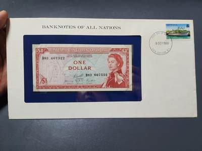 4月1号晚上8点 中外纸币自动截拍第50场 - 1965年 东加勒比 1元  富兰克林封装版 新品