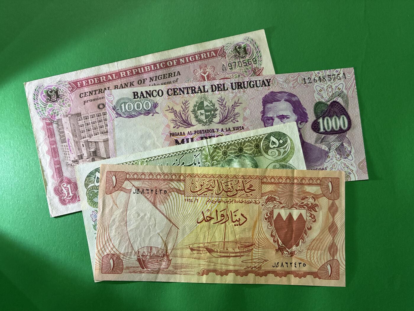 咖啡豆•收藏 2026年Apr_7th世界各国纸币拍卖 4枚 尼日利亚/乌拉圭/伊朗/巴林 美品F-UNC 外国纸币