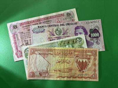 咖啡豆•收藏 2026年Apr_7th世界各国纸币拍卖 - 4枚 尼日利亚/乌拉圭/伊朗/巴林 美品F-UNC 外国纸币