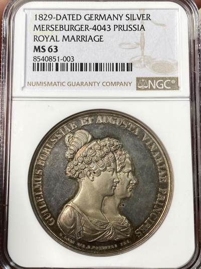 万国钱币拍卖第064期 - NGC MS63 1829年德国普鲁士威廉（日后的威廉一世）与奥古斯塔大婚纪念大银章 威廉三世时期时任炮弹亲王的威廉与萨克森-魏玛的奥古斯塔结婚纪念 绝美镜面欧陆五彩德系结婚系列 43MM 28G
