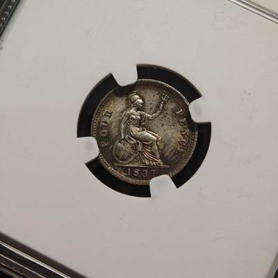 【德藏】世界币章拍卖第170期（拍品征集中~欢迎藏友联系） 1837年 英国威廉四世4便士银币 五彩包浆 状态极佳 NGC MS63 (外盒边缘有损)
