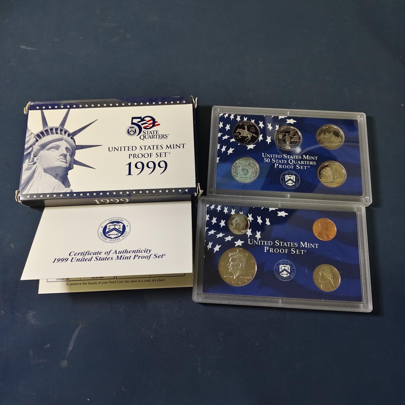 【全场包邮】纯粹捡漏拍517场 美国1999年官方封装精制套币（流通币一盒+州币一盒）-盒证全