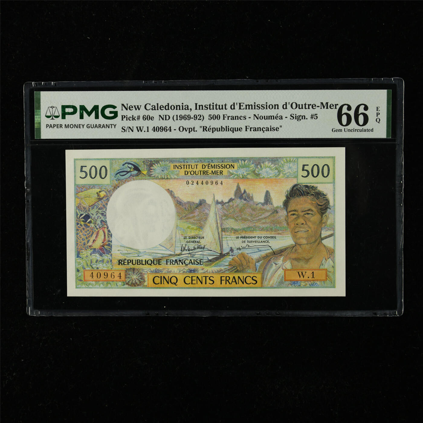 【亘邦集藏】第225期拍卖 1969-92年 新喀里多尼亚500法郎 PMG 66EPQ W.1 40964