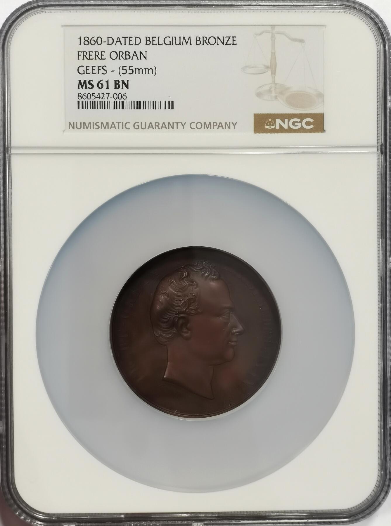 博洋堂世界钱币拍卖第167期（全场包邮） NGC MS61 比利时1860年财政部长奥班就职纪念大铜章，背面比利时女神的加护丰满莞尔！