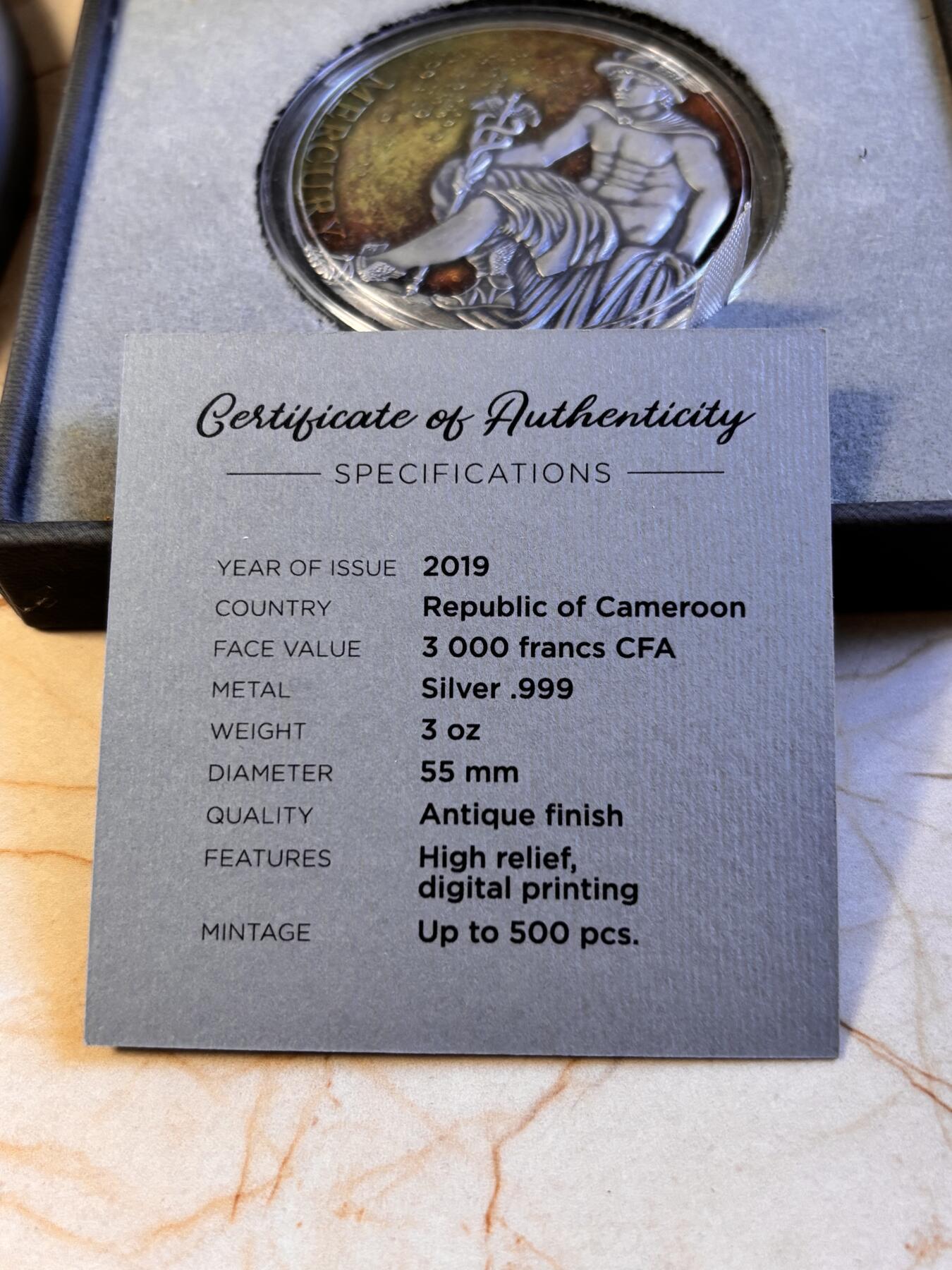 第196期拍卖 喀麦隆2019年行星之神系列1水星墨丘利3盎司彩银币，999银，发行500枚