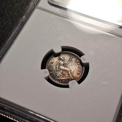 【德藏】世界币章拍卖第170期（拍品征集中~欢迎藏友联系） 1837年 英国威廉四世4便士银币 五彩包浆 状态极佳 NGC MS63 (外盒边缘有损)