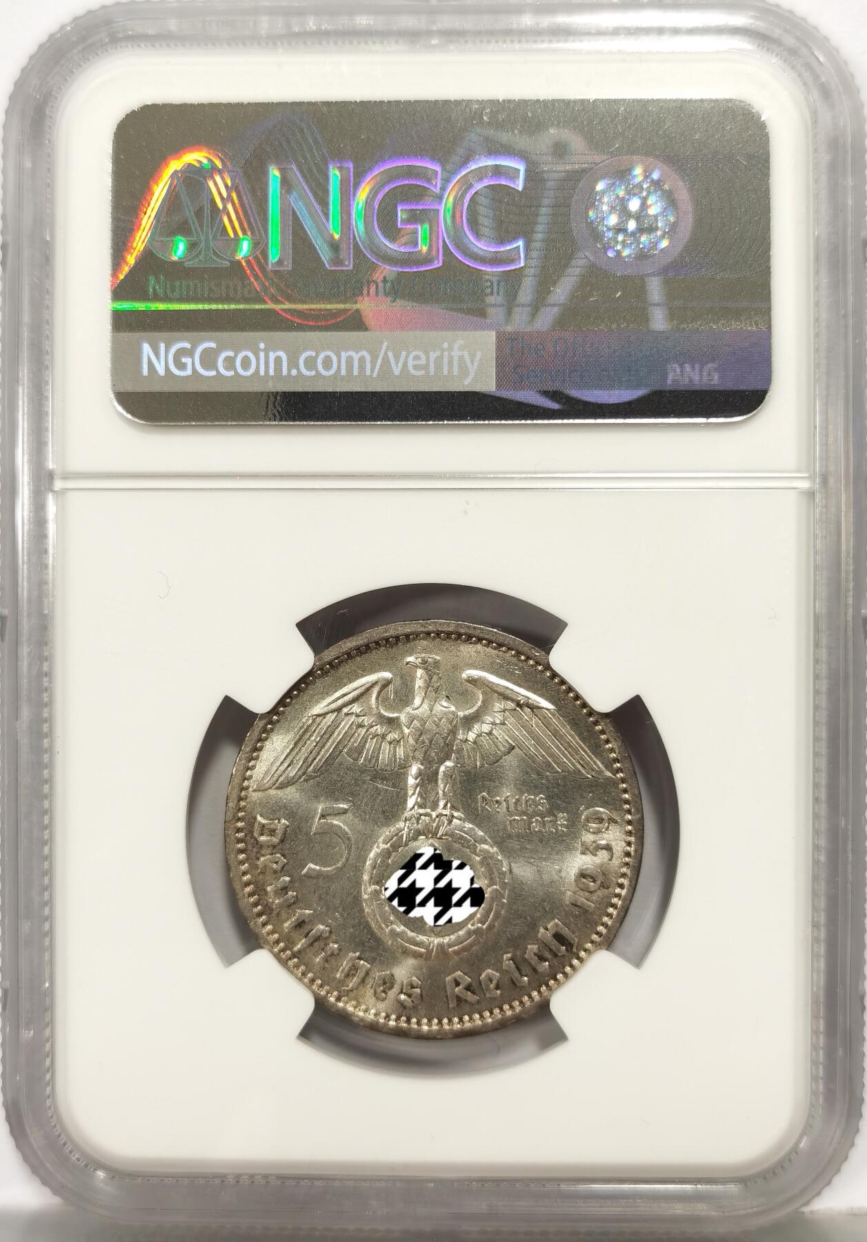 博洋堂世界钱币拍卖第167期（全场包邮） NGC MS63 德国1939A兴登堡带万字5马克银币，丝滑转光底板，充分流通品种，63分是一个分水岭，非常漂亮的一枚