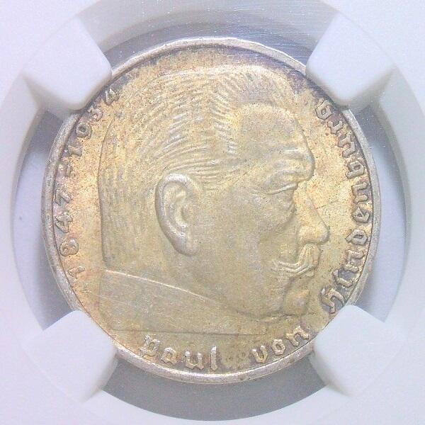银】NGC MS64 德国第三帝国1937年A版2马克银币 黄金五彩 开卷原光