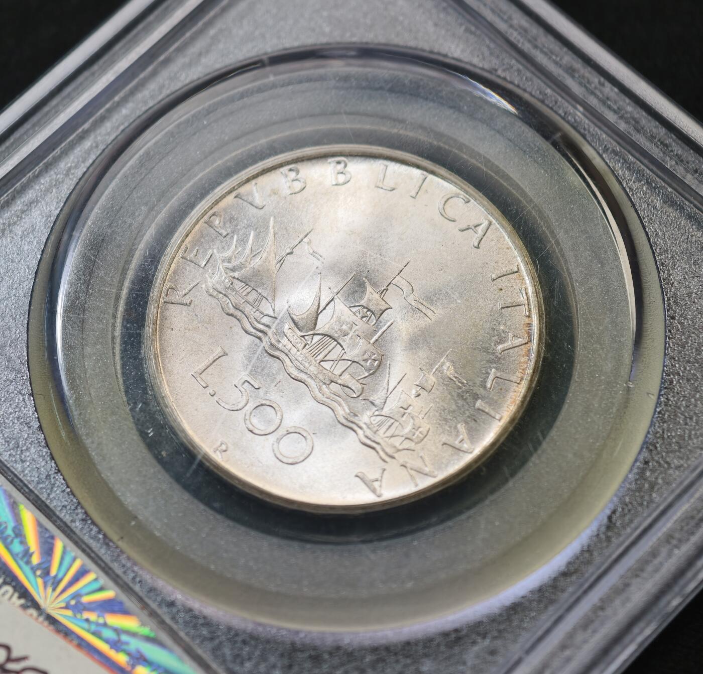 甄臻铺-世界币章拍卖（第58期），送拍享返佣金等优惠多多 公博-MS67 意大利1966年500里拉银币 ，29.4*2.0mm，11g，高分评级